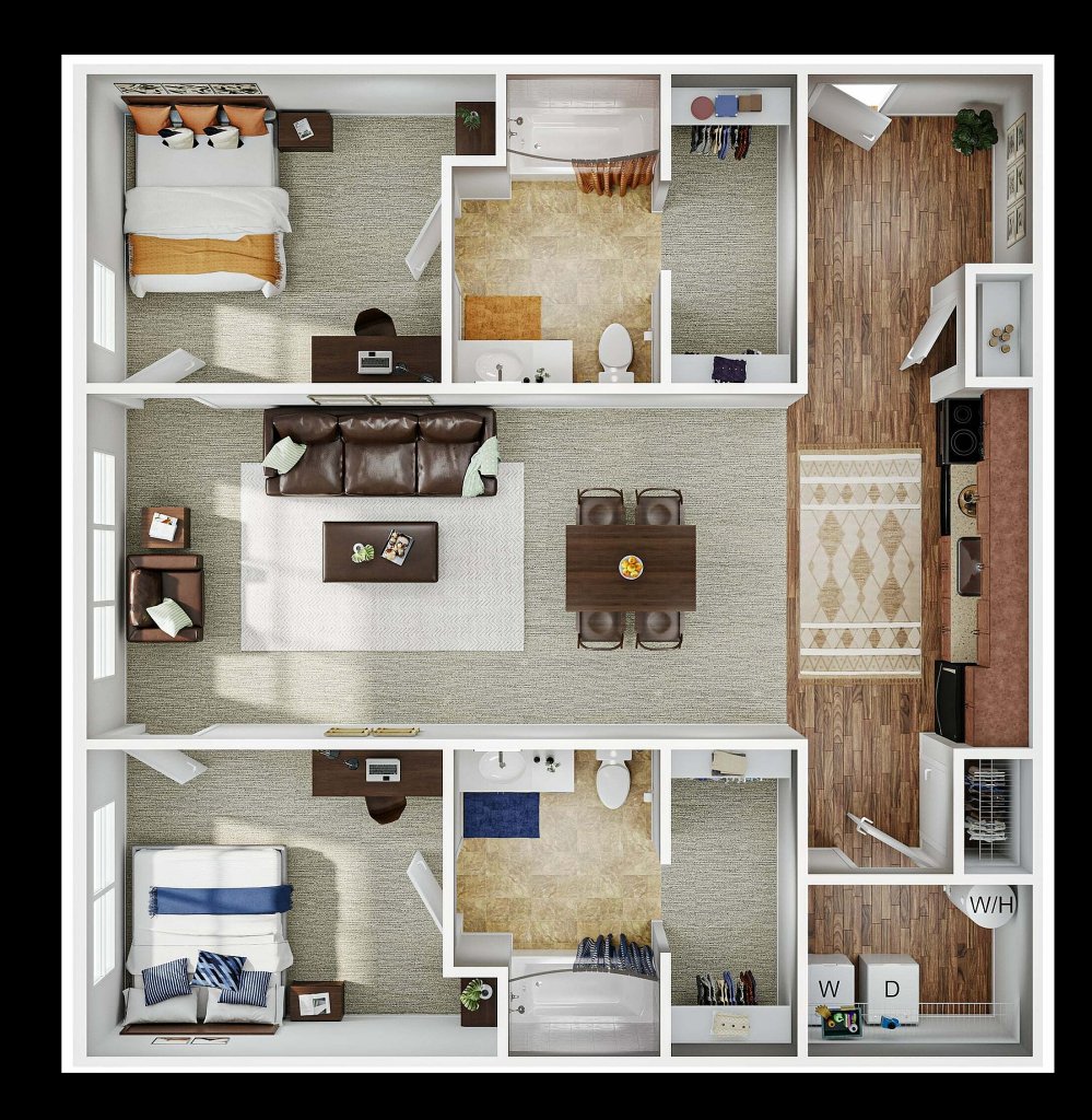 A 3D image of the 2BR/2BA – Upgraded floorplan, a 954 squarefoot, 2 bed / 2 bath unit
